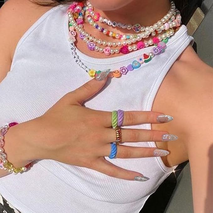 Press on Nails Medium Almond Fake Nails Glossy Glue on Nails Silver 3D Swirl Acrylic Nails Artificial False Nails with Luxury Designs for Women