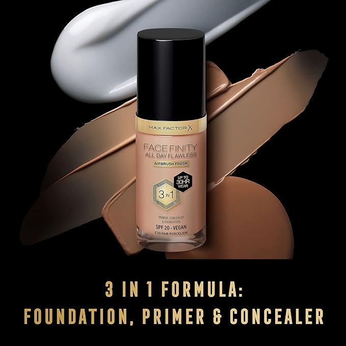 Max Factor Facefinity 3-in-1 All Day Flawless Liquid Foundation, SPF 20-10 Fair Porcelain, 30 ml-VivaGrace Women