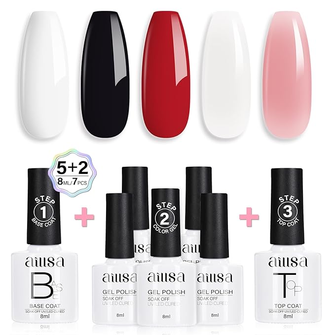 AILLSA Nude Gel Nail Polish Set Red Jelly Pink Milky White Black Gel Polish with Base and Top Coat, Classic Popular Color All Season Soak Off U V L ED Manicure Art Salon DIY at Home 7Pcs 8ML