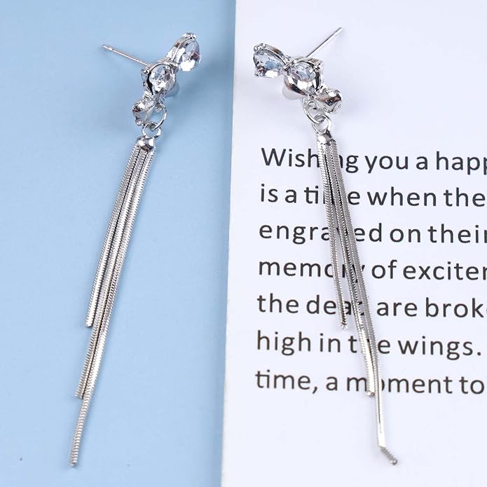 Vintage Crystal Bow Chain Drop Earrings Rhinestone Heart Stud Earrings Silver Long Chain Tassel Earrings Sparkly Cz Bridal Earrings Jewelry for Women-VivaGrace Women