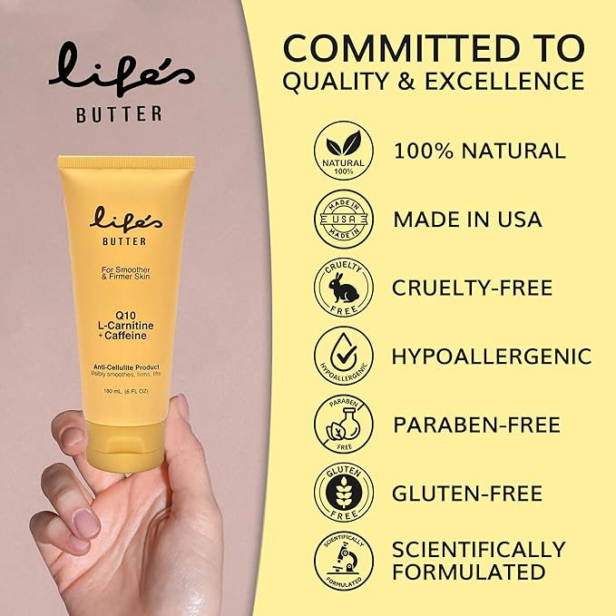 LIFE'S BUTTER Anti-Cellulite Cream - 100% Natural - Made in USA - Cruelty-Free - Hypoallergenic - Best Cellulite Reduction - Skin Firming + Tightening for Women L-Carnitine + CoQ10 + Caffeine – 6oz-VivaGrace Women
