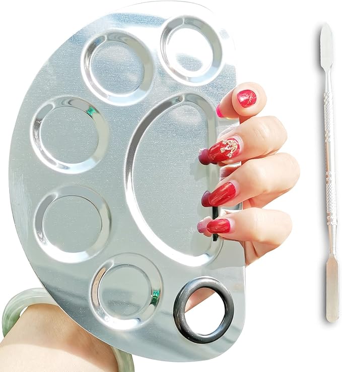 Makeup Palette Stainless Steel Cosmetic Palette 6-well with Spatula Tool for Nail Art Eye Shadow Mixing Foundation Painting Artist Mini Mixing Metal Palette Silver 4.9x3.3inch-VivaGrace Women