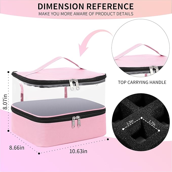 Clear Nail Polish Organizer Double layer Nail Polish Holds 30 Bottles and Nail Lamp, Nail Dryer Case Storage Supplies with Adjustable Dividers, Portable Nail Carrying Bag for Nail Tech (Pink)