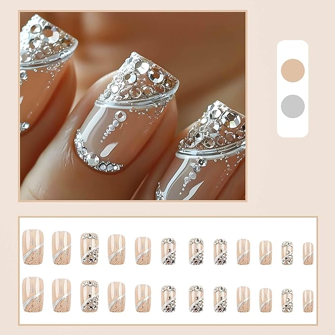 Press on Nails for Women Medium Square Fake Nails Sparkly False Nails with Rhinestones Designs Gold Glitter Artificial Nails Silver Line Glue on Nails Cute Stick on Nails 24Pcs
