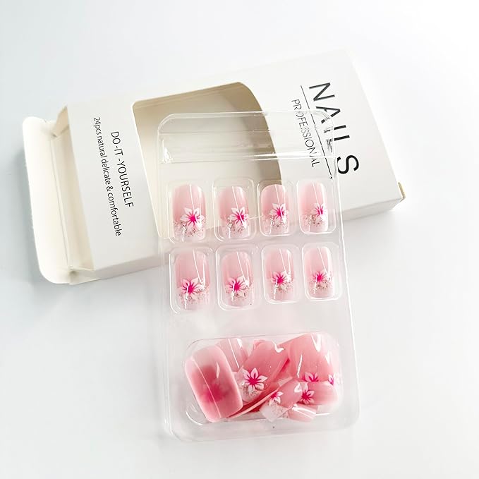 Flower Press on Nails French Tip Fake Nails Medium Square False Nails with Floral Designs Pink White Glossy Glitter Reusable Acrylic Nails Full Cover Stick on Nails for Women Girls Nail Supplies