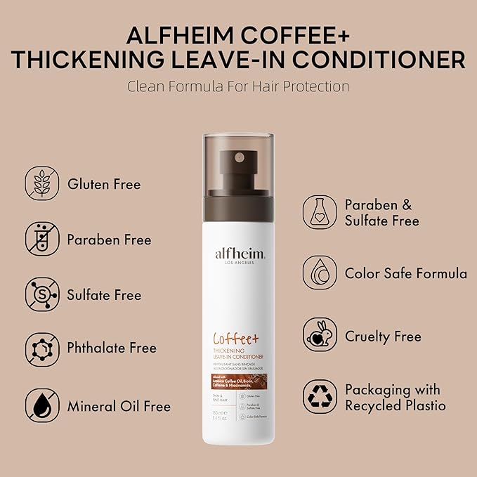ALFHEIM Coffee+ Thickening Leave-In Conditioner | Biotin & Caffeine for Hair Growth & Strength | Lightweight, Nourishing & Volumizing Spray | Sulfate-Free, Paraben-Free | 5.4 oz-VivaGrace Women