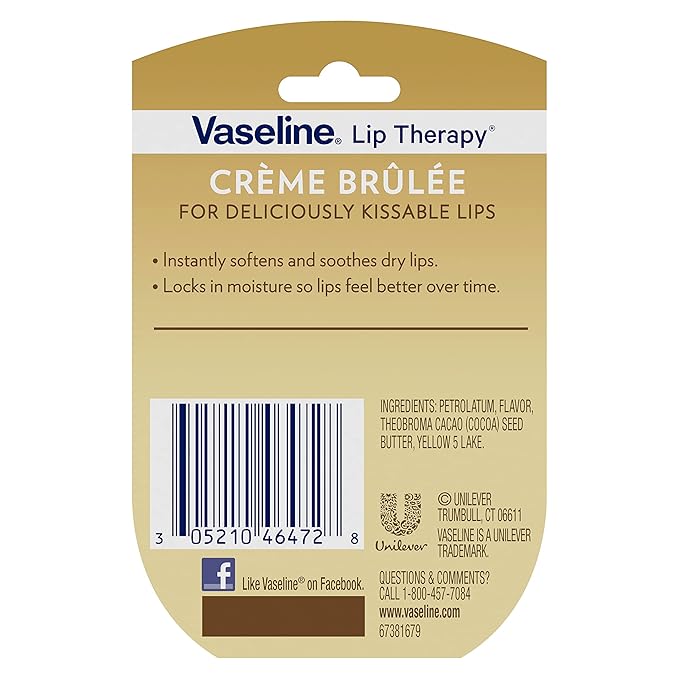 Vaseline Lip Therapy Creme Brulee Mini, White Petrolatum, Advanced Moisturizer, Relieves Dull and Dry Skin, Mini Vaseline Petroleum Jelly, Soft & Smooth Vaseline Lips (Pack of 6-0.25 Oz Ea) -VivaGrace Women