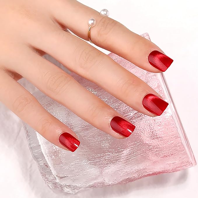 Red Press on Nails Short Square, Cat Eye Press on Nails, Fashion Gel Fake Nails, Reusable Acrylic Fake Nails, Glossy Stick on Nails for Women Girls Gift, Glue on Nails Kit, 24 Pcs, Ruby Flash