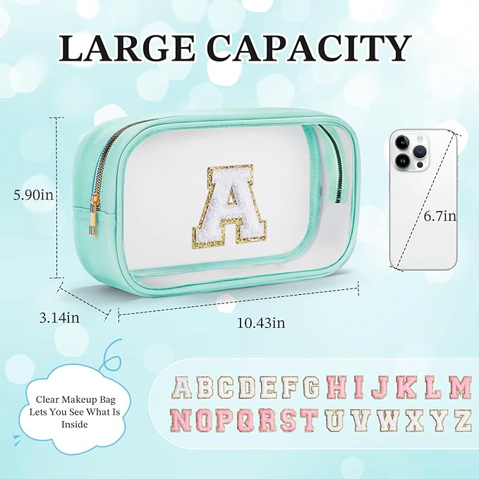 YOOLIFE Initial Travel Toiletry Bag, Clear Makeup Bag Preppy Cosmetic Bags Organizer Travel Essentials Gifts for Women Teen Girlfriend Teacher Mom Birthday Clear Makeup Bags With Zipper Blue I-VivaGrace Women