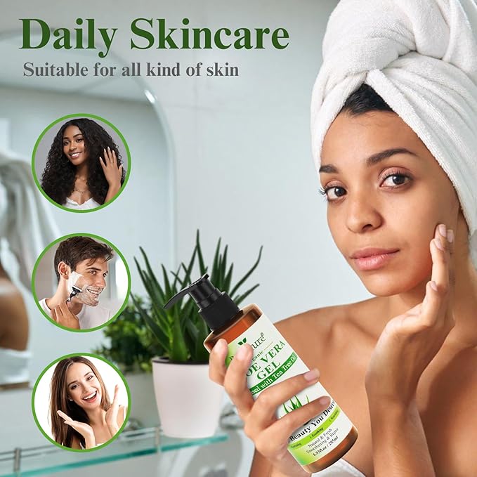 Organic Aloe Vera Gel with Tea Tree Oil for Face & Body, Freshly-cut Aloe Vera Gel Ideal for Skin, Scalp, & Hair Hydration, Calming Moisturizer for Soothing After Sun Care Relief, 6.93 oz-VivaGrace Women