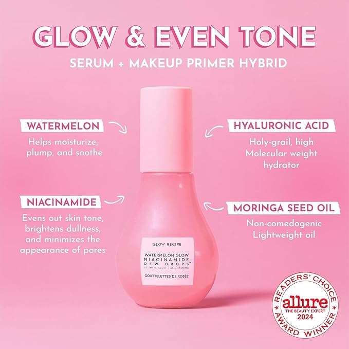 Glow Recipe Watermelon Niacinamide Dew Drops - Brightening, Plumping Hydrating Face Serum, Makeup Primer + Liquid Highlighter with Hyaluronic Acid - Dewy & Glowing Korean Skin Care (40ml)-VivaGrace Women