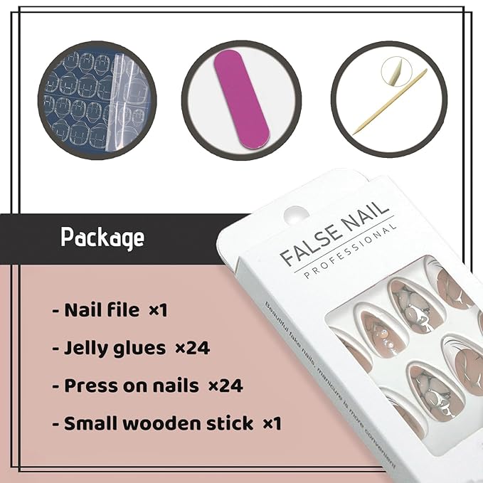 Press on Nails Medium Almond Fake Nails Glossy Glue on Nails Silver 3D Swirl Acrylic Nails Artificial False Nails with Luxury Designs for Women