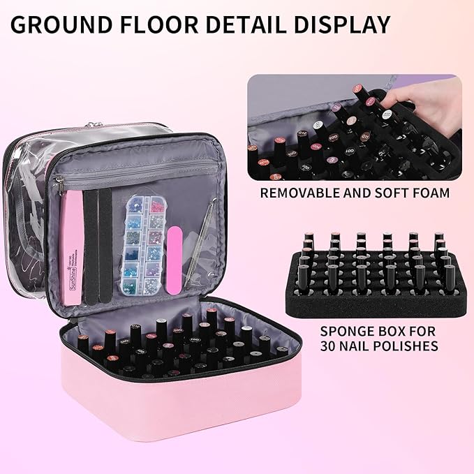 Clear Nail Polish Organizer Double layer Nail Polish Holds 30 Bottles and Nail Lamp, Nail Dryer Case Storage Supplies with Adjustable Dividers, Portable Nail Carrying Bag for Nail Tech (Pink)