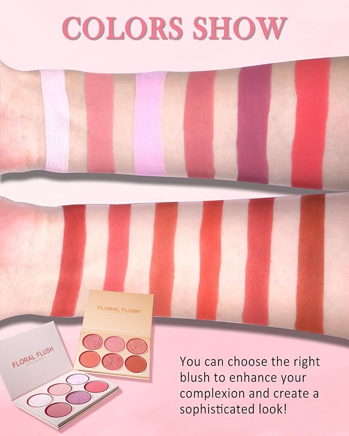 Matte Rose Face Blush Palette Kit with Brush-6 Colors Pink Purple Silky Mineral Blendable Blusher Contour Powder for Cheeks,Longlasting Facial Eyeshadow Beauty Cosmetic Makeup Gift for Women-Set 01-VivaGrace Women