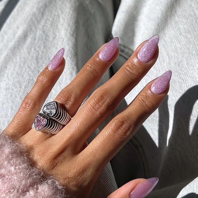 KQueenest Glitter Cat Eye Press on Nails Short Almond with UV Coating, Thick Cute Gel Nails Press on, Gloss Acrylic Fake Nails Glue on with Bling Designs - 30 Reusable False Nails, Lilac Sparkle