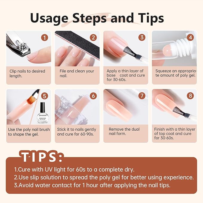 JEWHITENY Poly Extension Gel Nail Set Clear White Pink Poly Nail Gel With Slip Solution Base Coat Top Coat French Manicure for Finger Art and Home DIY Need U V Lamp Curing-VivaGrace Women