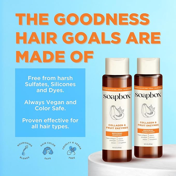 Soapbox Collagen Shampoo & Conditioner, For Dry, Fine or Thin Hair, Strengthening with Collagen & Peptides for Fuller Looking Hair, 16oz Each (Pack of 2)-VivaGrace Women