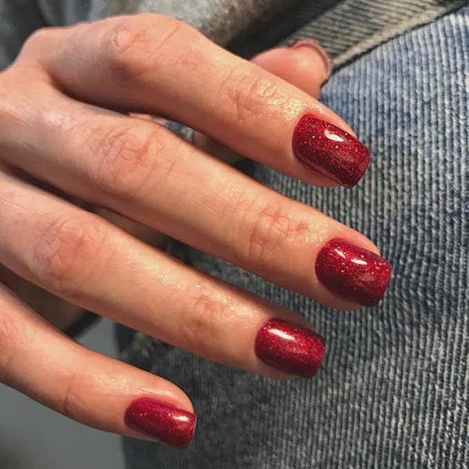KQueenest Glitter Red Press on Nails Short, Shimmer Fake Nails Press ons Cute, Sparkle Acrylic Nails for Women, Cute Stick on Nails, Holiday False Nails with Bling Design 24 Pcs