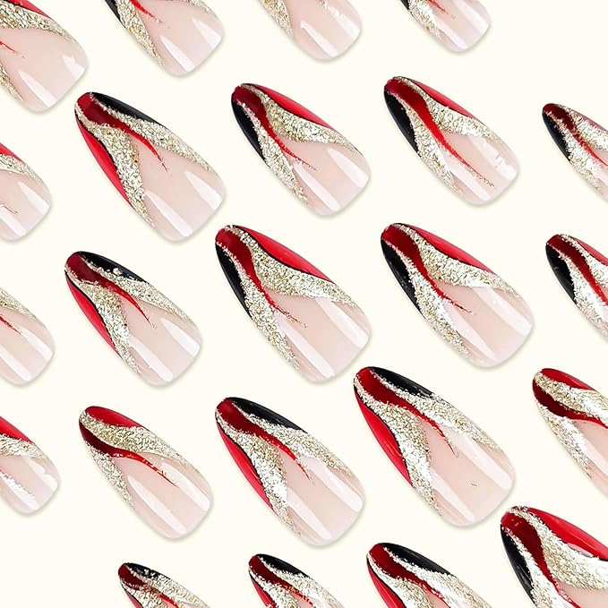 Press on Nails for Women,Almond Press on Nails French Tip Fake Nails Medium False Nails with Gold Glitter Designs Full Cover Glue on Nails Sparkly Artificial Nails Cute Stick on Nails 24Pcs