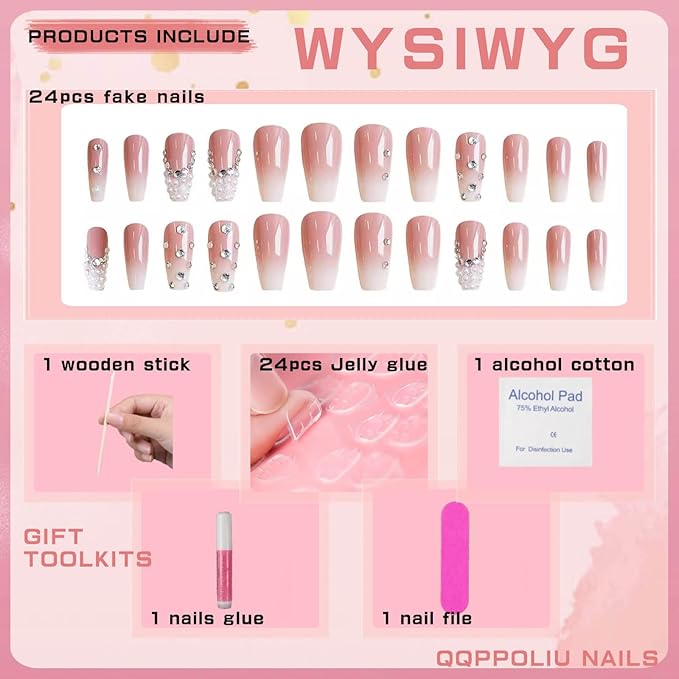 Press on Nails,Long Press on Nails Gradient Fake Nails Pink with Jewelry Design Nails for women and Girls (Lipstick & White)