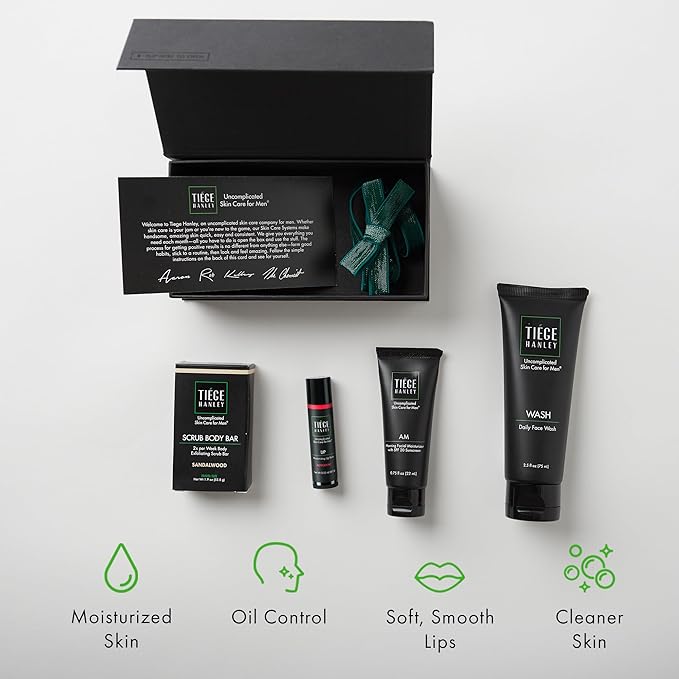 Tiege Hanley Mens Skin Care Gift Box Set, Bronze - Men's Skincare Set Includes Face Wash, Facial Moisturizer with SPF 20 Sunscreen, Body Exfoliating Scrub Bar, & Moisturizing Lip Balm-VivaGrace Women