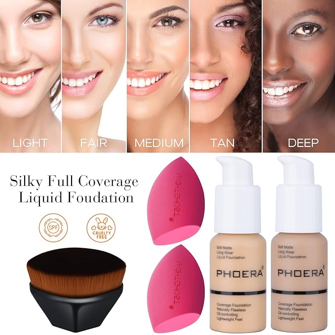 Foundation Makeup Sets Full Kit for Women Pack 8 Included Phoera Foundation,Flat Top Kabuki Brush Kit,Primer,Powder Foundation,Makeup Sponges (103 Warm Peach + 104 Buff Beige)-VivaGrace Women