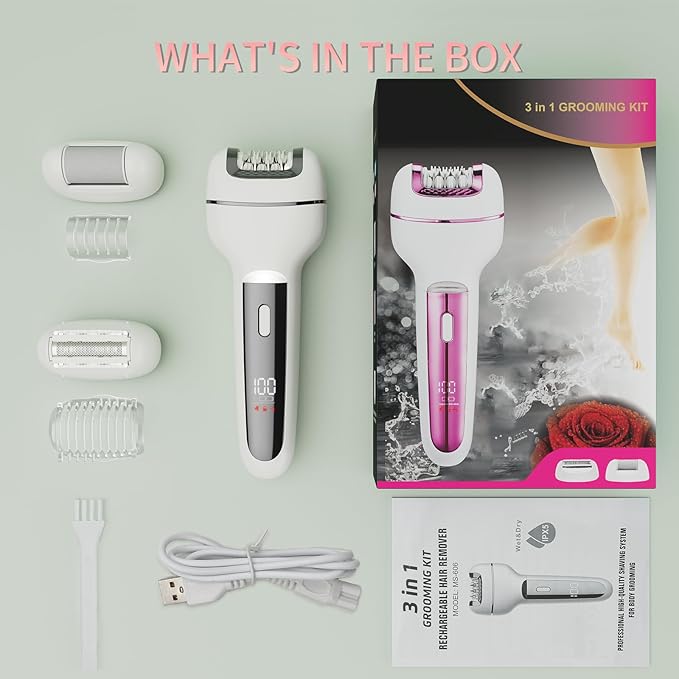 Epilator for Women 3-in-1 Epilator, Body Hair Removal Device,Wet/Dry, Waterproof, Cordless Rechargeable Electric Trimmer & Shaver & Callus Remover for Women & Men 606 Gray-VivaGrace Women