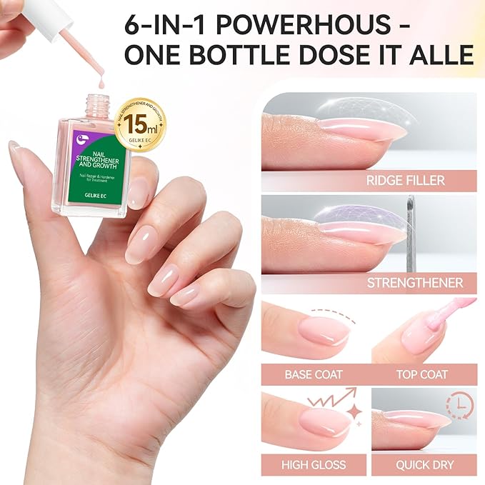 gelike ec Protein Nail Strengthener and Growth Polish: Nude Blush 15ml 6 in 1 Natural Nail Hardener Extra Strong and Growth - Nail Polish Hardener for Weak and Damaged Nails