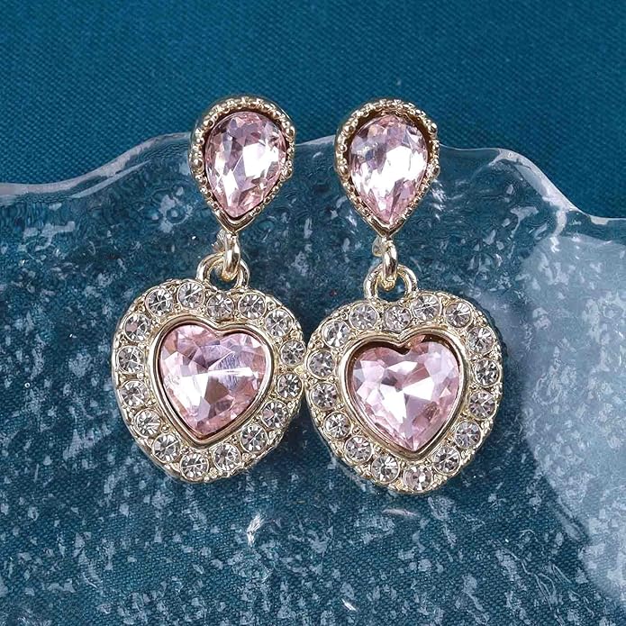 Vintage Emerald Heart Earrings Emerald Cz Teardrop Earrings Rhinestone Heart Drop Earrings Green Gemstone Stud Earrings Jewelry for Women(Green)-VivaGrace Women