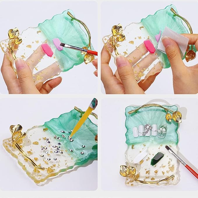2023 Retro Nail Art Palette, Nail Painting Mixed Color Palette with Leaves Handle, Nail Holder Gel Color Makeup Display Board Pallet (Green)-VivaGrace Women