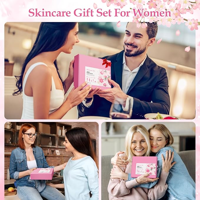 Skin Care Set, Cherry Blossom Skin Care Sets & Kits, Skin Care for Teenage Girls Gift Set with Cleanser, Toner, Serum, Eye Cream, Facial Cream, Facial Skin Care Sets & Kits for Teenage Girls Women-VivaGrace Women