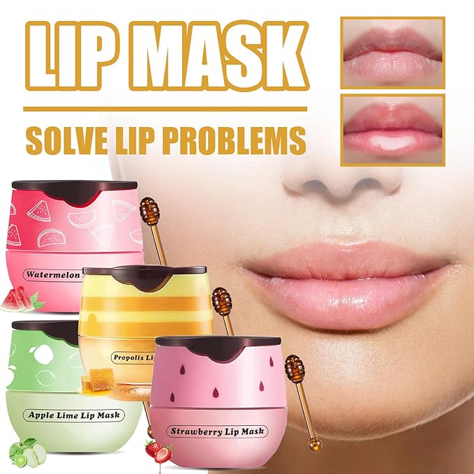 4 Pcs Honey Lip Balm, Strawberry Apple Watermelon Lip Mask, Moisturizing Lip Sleeping Mask, Hydrate Repair Prevent Dry Cracked Lip (Honey+Strawberry+Apple Lime+Watermelon)-VivaGrace Women