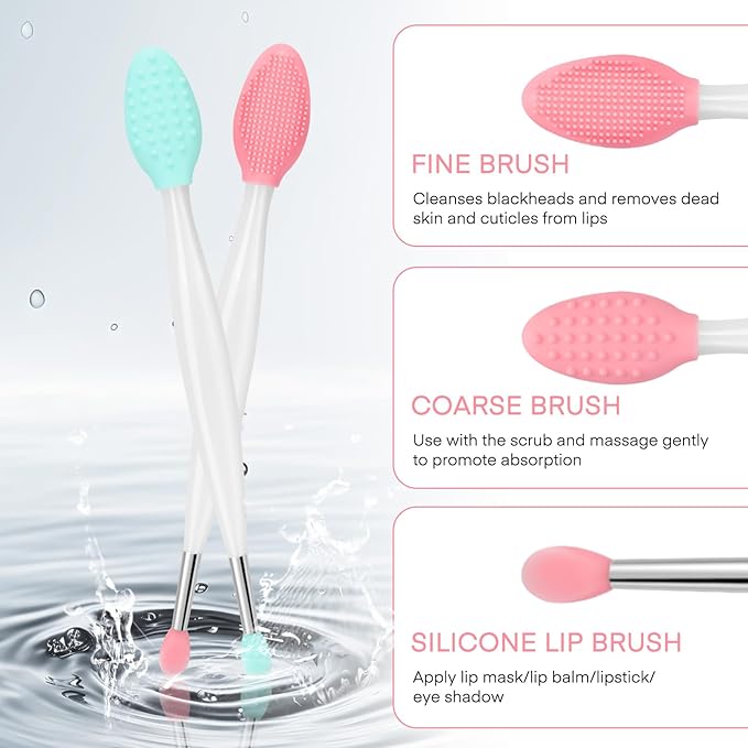 Unaone Lip Scrub Brush - 2 PCS Dual-ended Lip Scrubber Exfoliator and Silicone Lip Brush, 3-in-1 Silicone Lip Scrub Tool Lip Mask Applicator, Gentle Exfoliator & Applicator for Soft-VivaGrace Women