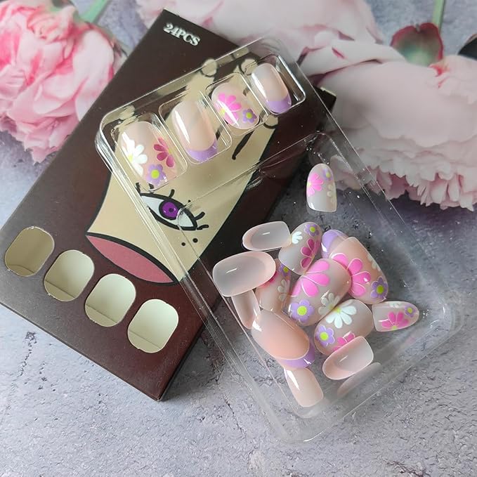 24Pcs Short Press on Nails Almond Fake Nails French Tip Press Ons Colorful Daisy Flowers Acrylic Nails Nude Pink Full Cover Glue on Nails Oval Floral False Nails for Women Girls DIY Manicure Tips