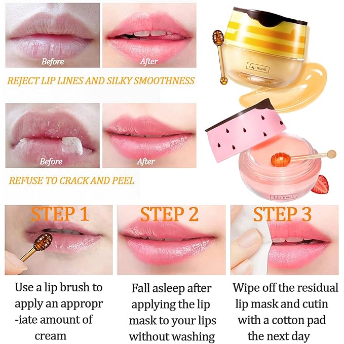 2 Pack Bee Lip Balm Honey Pot, Honey & Strawberry Lip Mask Propolis Lip Mask Moisturizing Hydrating Prevention Dry and Cracked Lip Scrubs Exfoliator (Honey+Strawberry)-VivaGrace Women