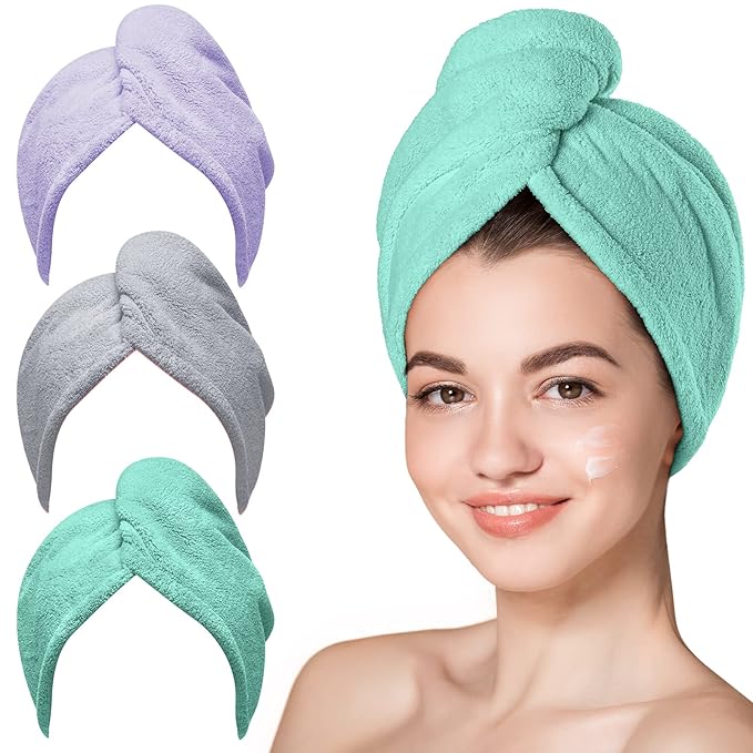 Hicober Microfiber Towel, Turbans for Wet Hair, Drying Wrap Towels for Curly Hair Women Towel Wrap for Kids-Purple,Green,Grey-Pack of 3-VivaGrace Women