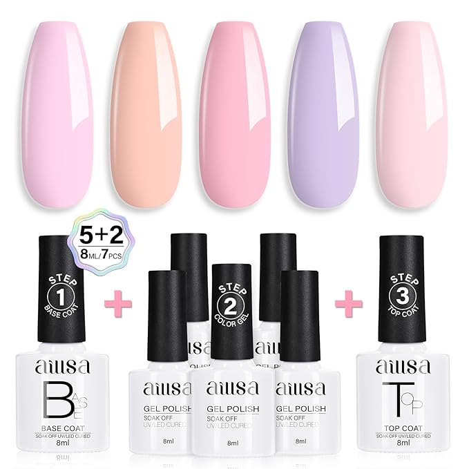 AILLSA Pastel Pink Nail Polish Set Macaron Light Purple Orange Polish with Base and Top Coat,Long Lasting Summer Spring Color Soak Off U V L ED Manicure Art Salon DIY at Home 7Pcs 8ML