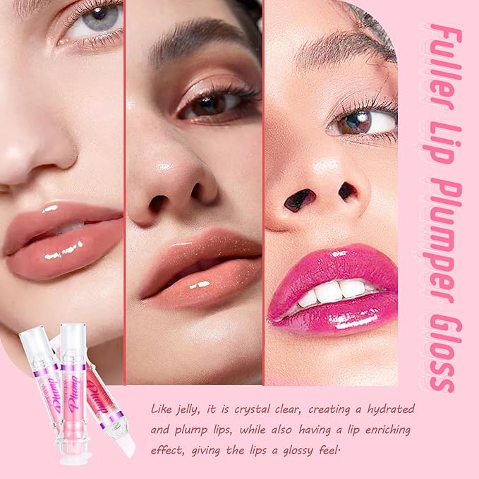 Lip Plumper Gloss Booster 3 Colors Set,Natural Pout Lip Plumping Oil and Lip Care Serum Enhancer Lifter Gloss for Fuller Moisturizing Hydrating&Reduce Fine Lines Nourishing Lips Mask Makeup-VivaGrace Women
