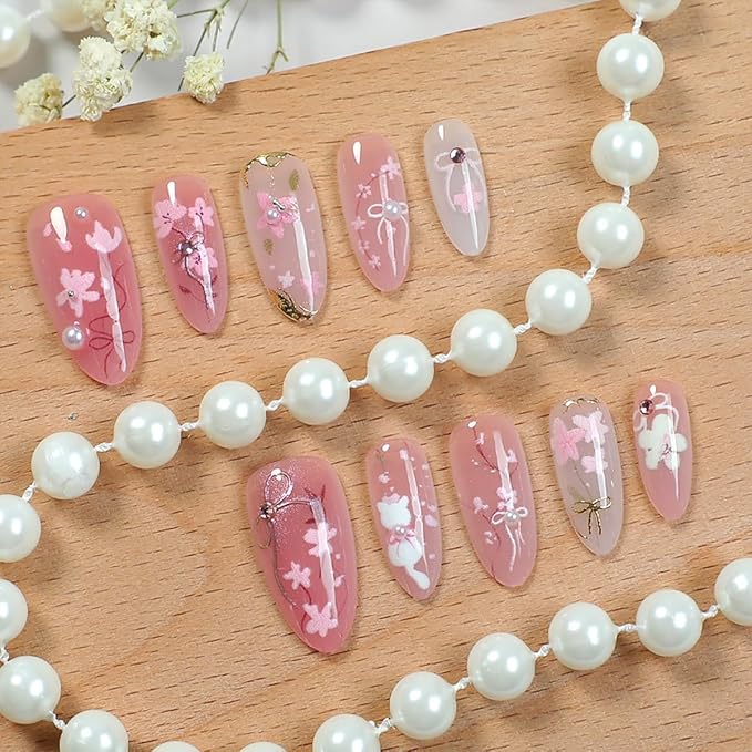 30Pcs Pink Flower Press on Nails Medium Almond Fake Nails Gilding Peach Blossom with Gems Design 3D Pearl Bow False Nails Cute Cat Stick on Nails Handmade Full Cover Artificial Glue on Nails for Women