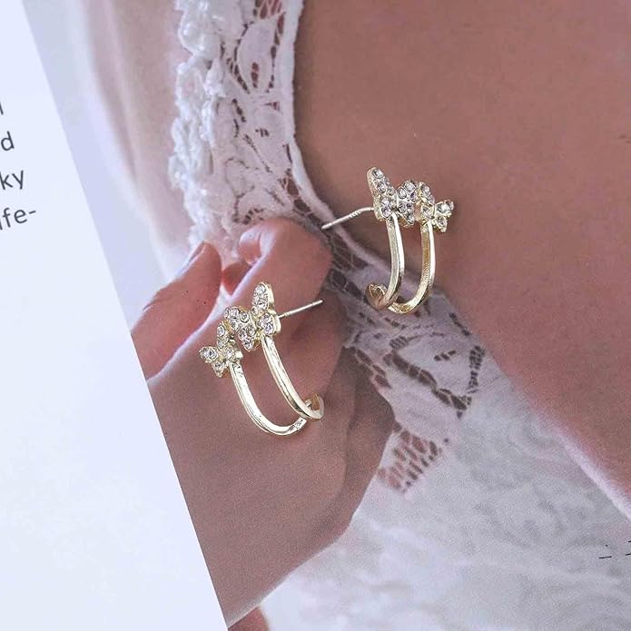 Vintage Crystal Butterfly Claw Earrings Rhinestone Claw Stud Earrings Sparkly Cz Butterfly Earrings Gold Butterfly Illusion Earrings Jewelry for Women-VivaGrace Women