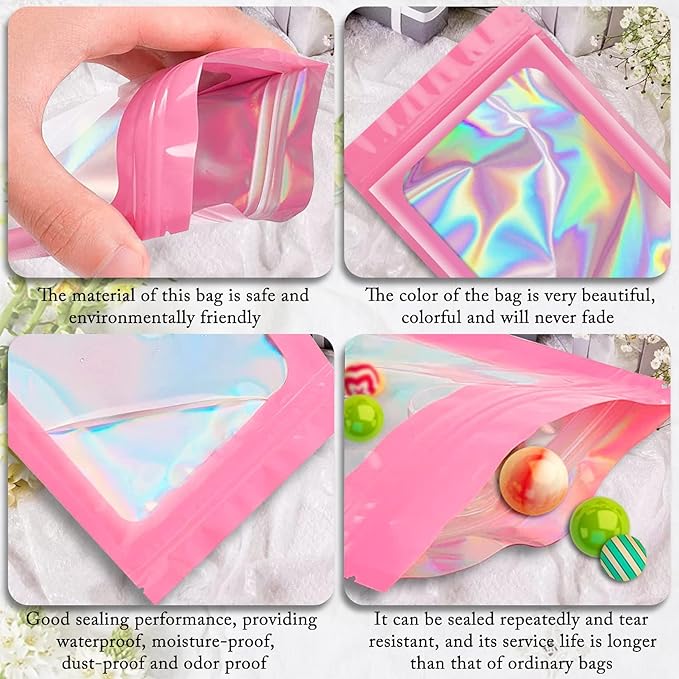 ANZNKU 100 Pcs Smell Proof Mylar Resealable Bags, Holographic Packaging Bags, Resealable Odor Foil Pouch Zip Bag with Clear Window for Food Storage and Lipgloss, Jewelry Lash (Pink, 3.9 x 7.1 Inch)-VivaGrace Women