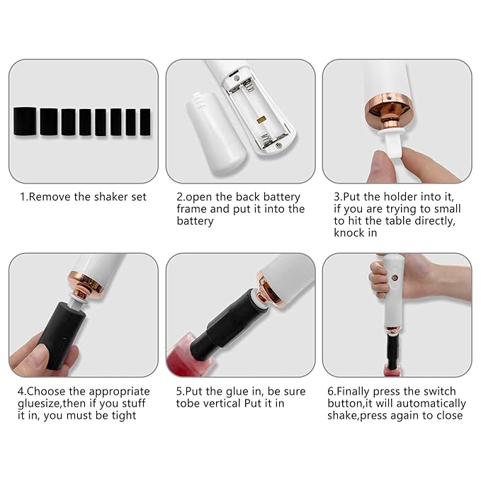 Nail Lacquer Shaker, Nail Polish Mixer, Portable Electric Eyelash Glue Shaker with 2 Connectors and 8 Sizes of Caliber Liquid Evenly Mixer for Eyelash Extension Lash Glue Ink (White)