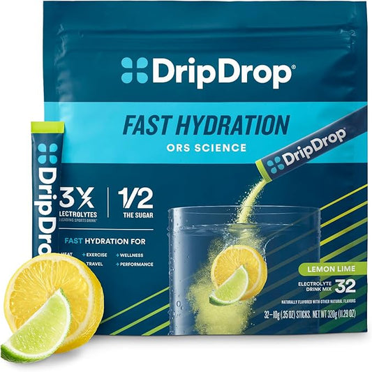 DripDrop Hydration Packets - Lemon Lime - Single Serve Electrolytes Powder Drink Mix - Non-GMO, Gluten Free, Vegan - 32 Sticks-VivaGrace Women