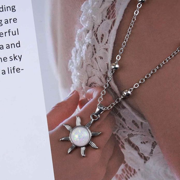 Vintage Opal Crystal Sun Pendent Necklace Opal Sunburst Necklace Moonstone Sun Choker Necklace Gold Ball Chain Necklace Jewelry for Women (Gold)-VivaGrace Women