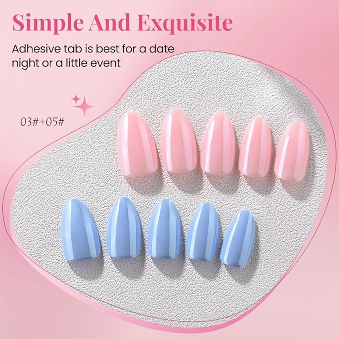 Chrome Pink and Blue Press On Nails Short Almond 60 Pcs Kit, Designer Reusable Acrylic Fake Nails with Glue, Glossy Soft Gel Nails for Women Wedding Party Gift - Stick On Glue On Nails Kit
