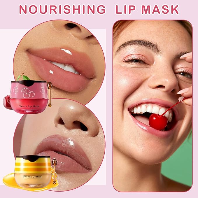 2PCS Bee Lip Balm Honey Pot Cherry Honey Lip Balm Sleeping Lip Mask Silky Hydrating Bee Lip Balm Honey Lip Mask Overnight Lip Care Products(Honey+Cherry)-VivaGrace Women