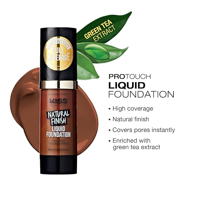Kiss New York Professional Liquid Foundation - Lightweight and Hydrating Formula, Natural Finish, Control Shine, Cover Pores, Medium to Full Coverage, Green Tea Extract (Mocha)-VivaGrace Women