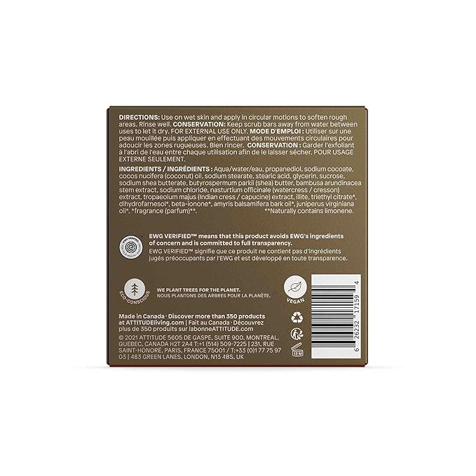 ATTITUDE Body Scrub Bar, Natural Origin, Gentle Exfoliator for Body and Foot, Nourishes and Softens Skin, Bamboo Powder & Shea Butter, EWG verified & Vegan, Sandalwood, 4 Oz-VivaGrace Women