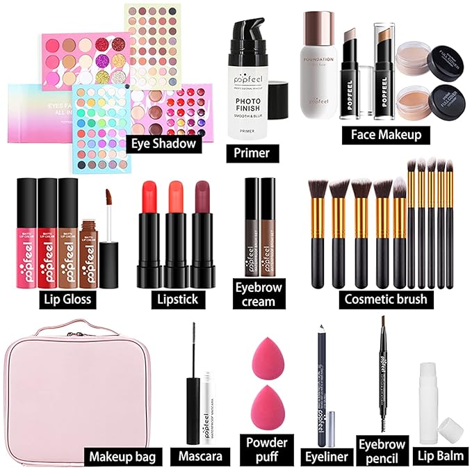 All-in-one Makeup Set Holiday Gift | Full Makeup Kit for Women Essential Starter Bundle Include Eyeshadow Palette Lipstick Blush Cream Concealer Face Powder Eyeliner Mascara Lipgloss Brush-VivaGrace Women
