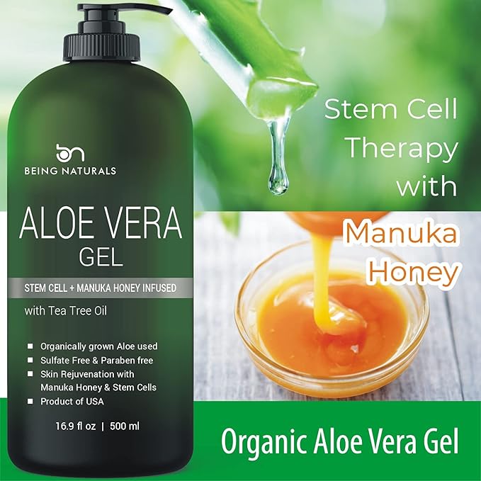 Aloe vera Gel - from 100% Pure Organic Aloe Infused with Manuka Honey, Stem Cell, Tea Tree Oil - Natural Raw Moisturizer for Face, Body, Hair. Perfect for Sunburn, Acne, Razor Bumps 16.9 fl oz-VivaGrace Women